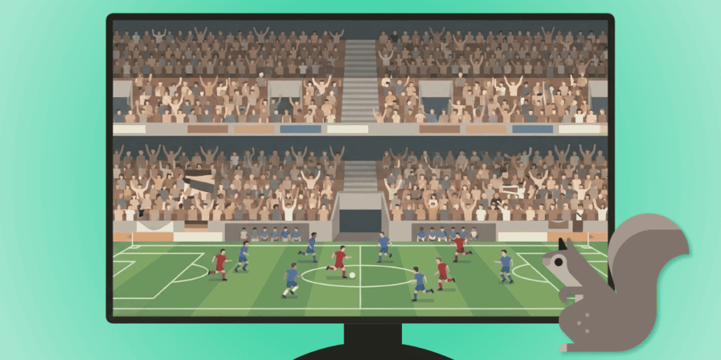 A squirrel mascot watches a football match on a television.