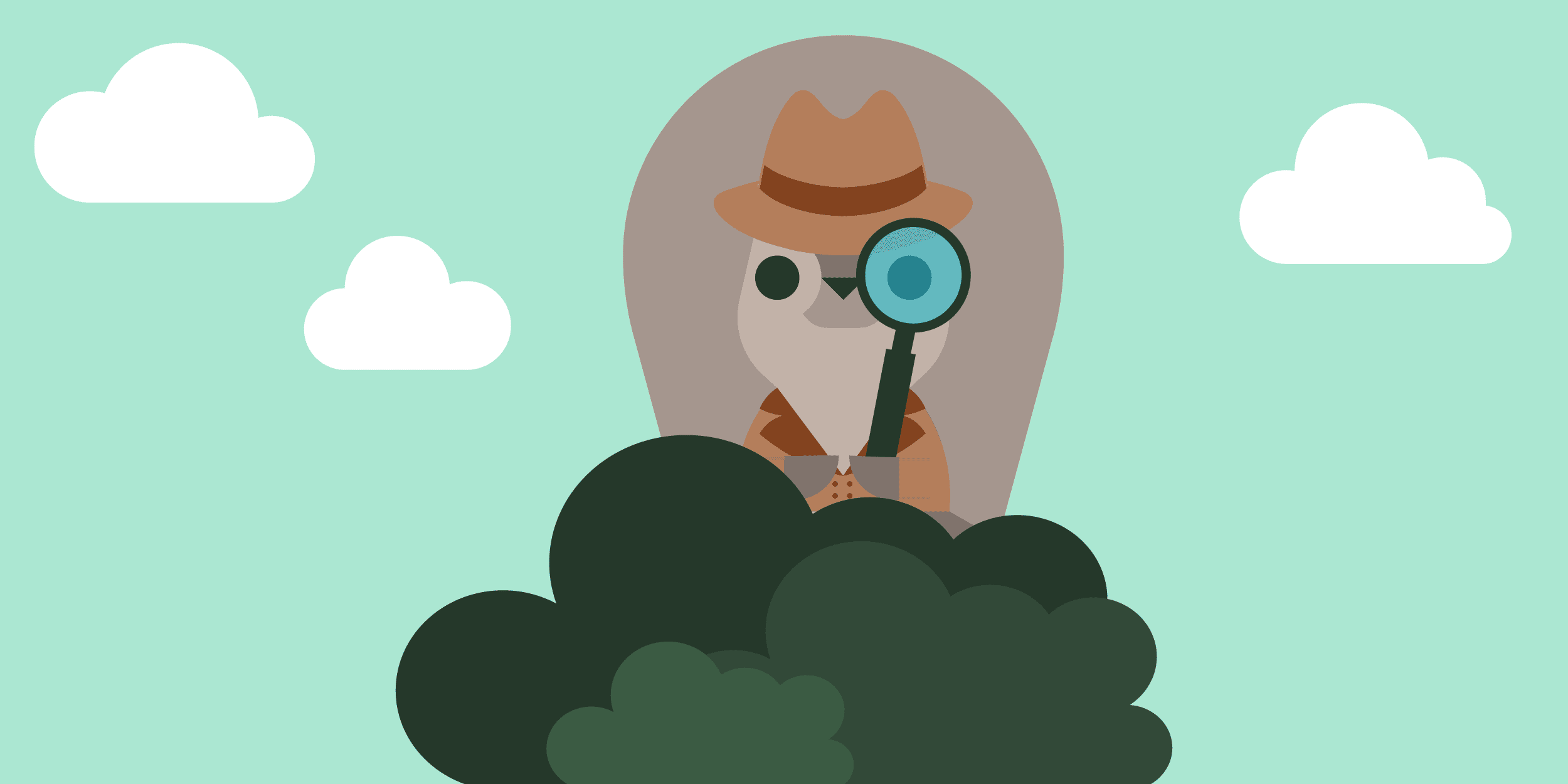 A detective squirrel looking through a magnifying glass above bushes