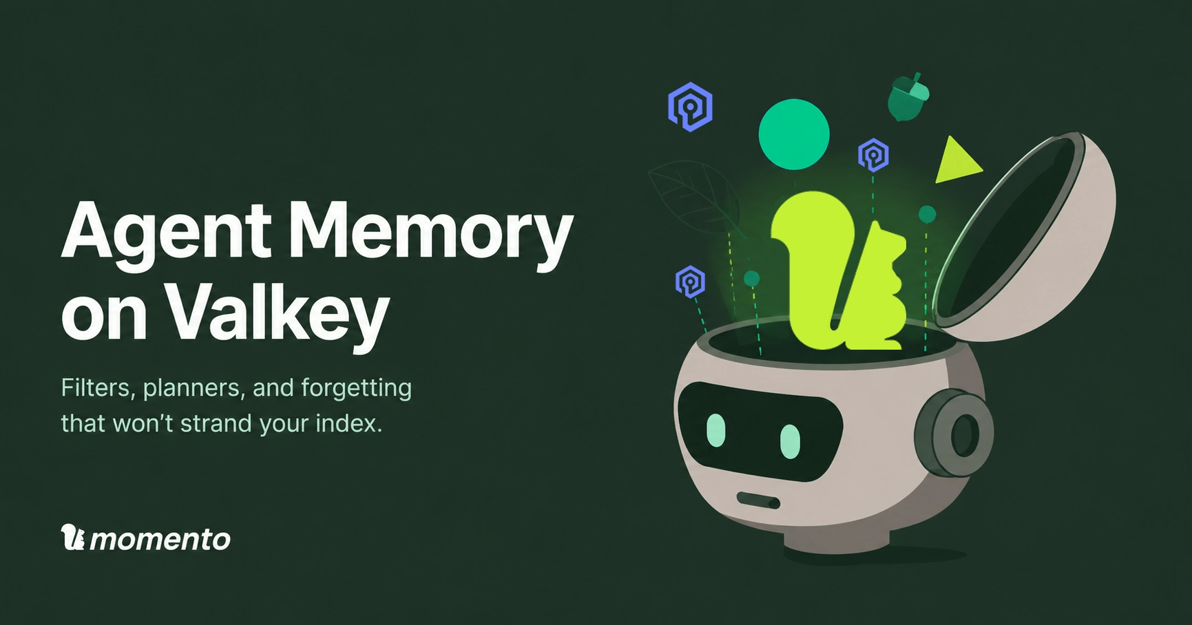 頭部を開いたロボットと浮かぶ記号を配した「Agent Memory on Valkey」の画像