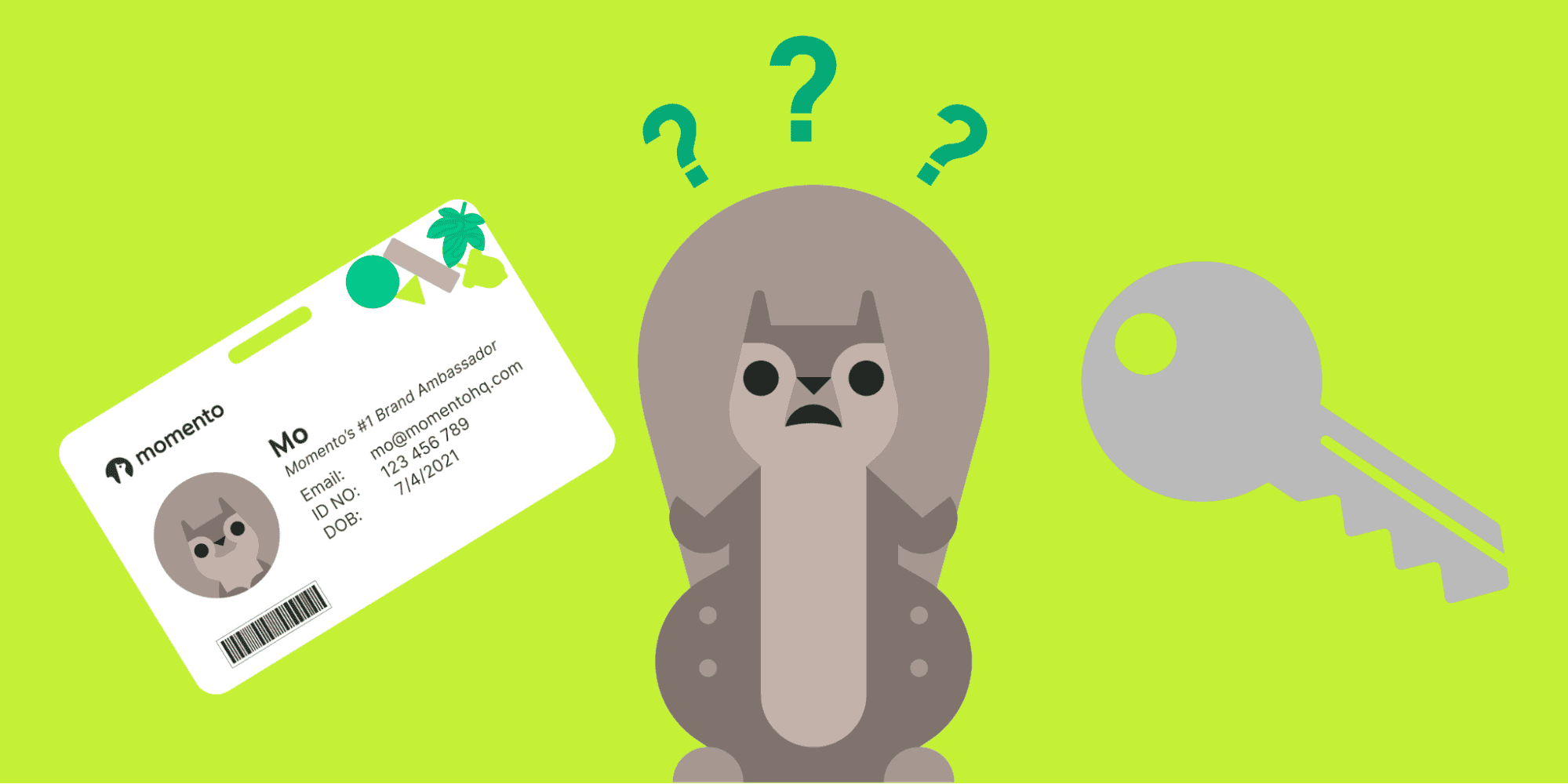 A puzzled squirrel between an identification card and a key