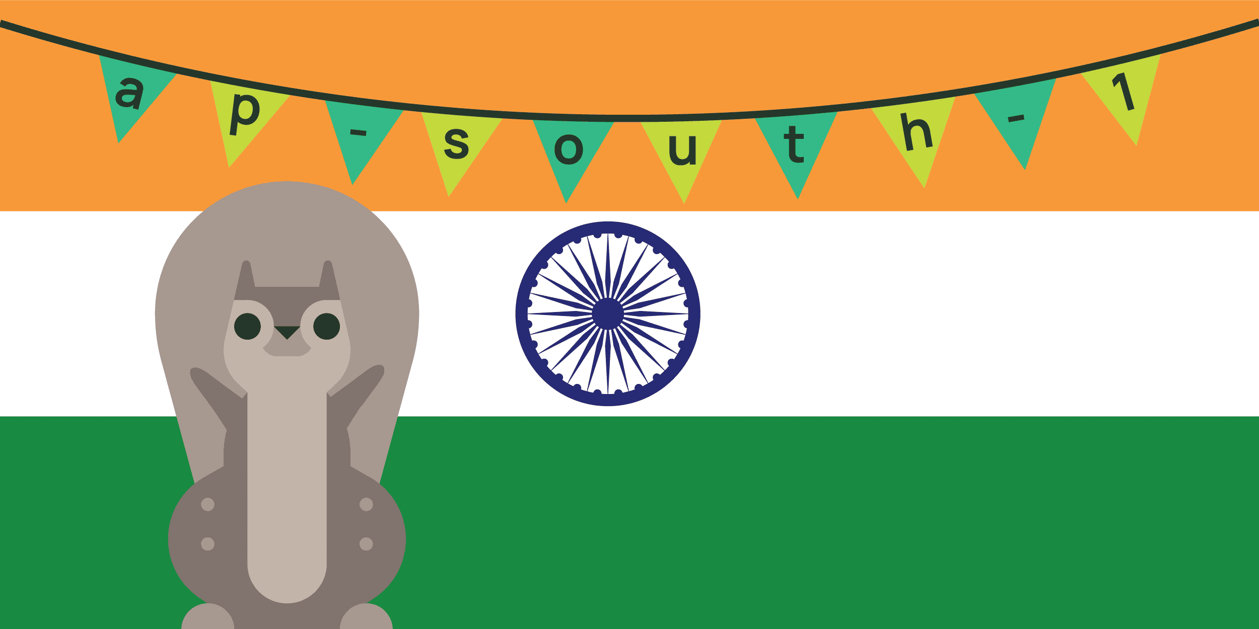 A cartoon squirrel in front of the Indian flag beneath ap-south-1 bunting