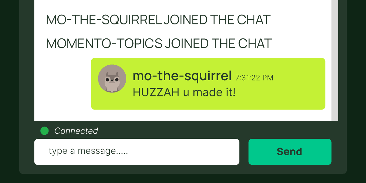 A chat window announcing that mo-the-squirrel and Momento Topics joined
