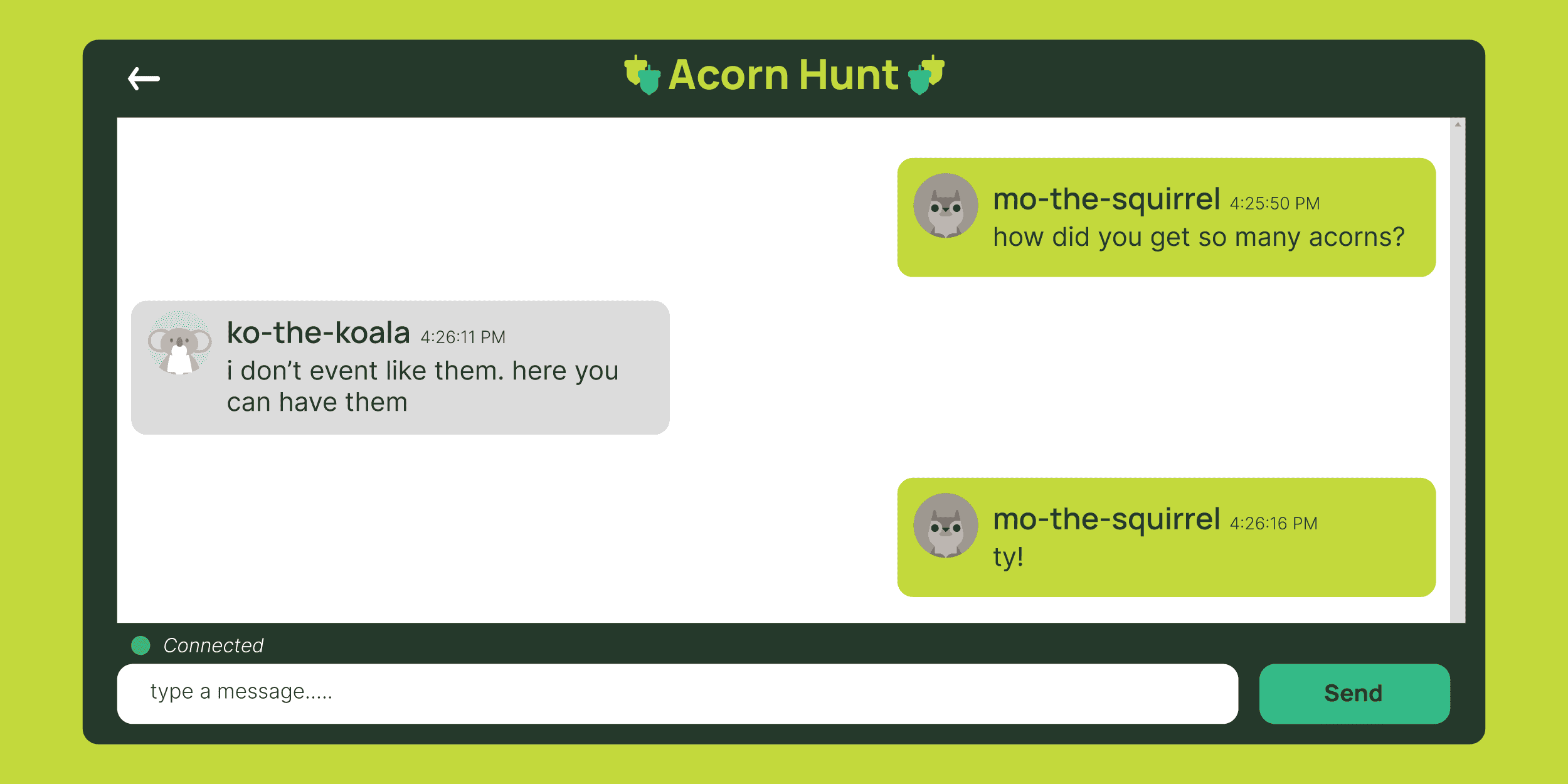 リスとコアラのユーザーが会話する「Acorn Hunt」のチャット画面