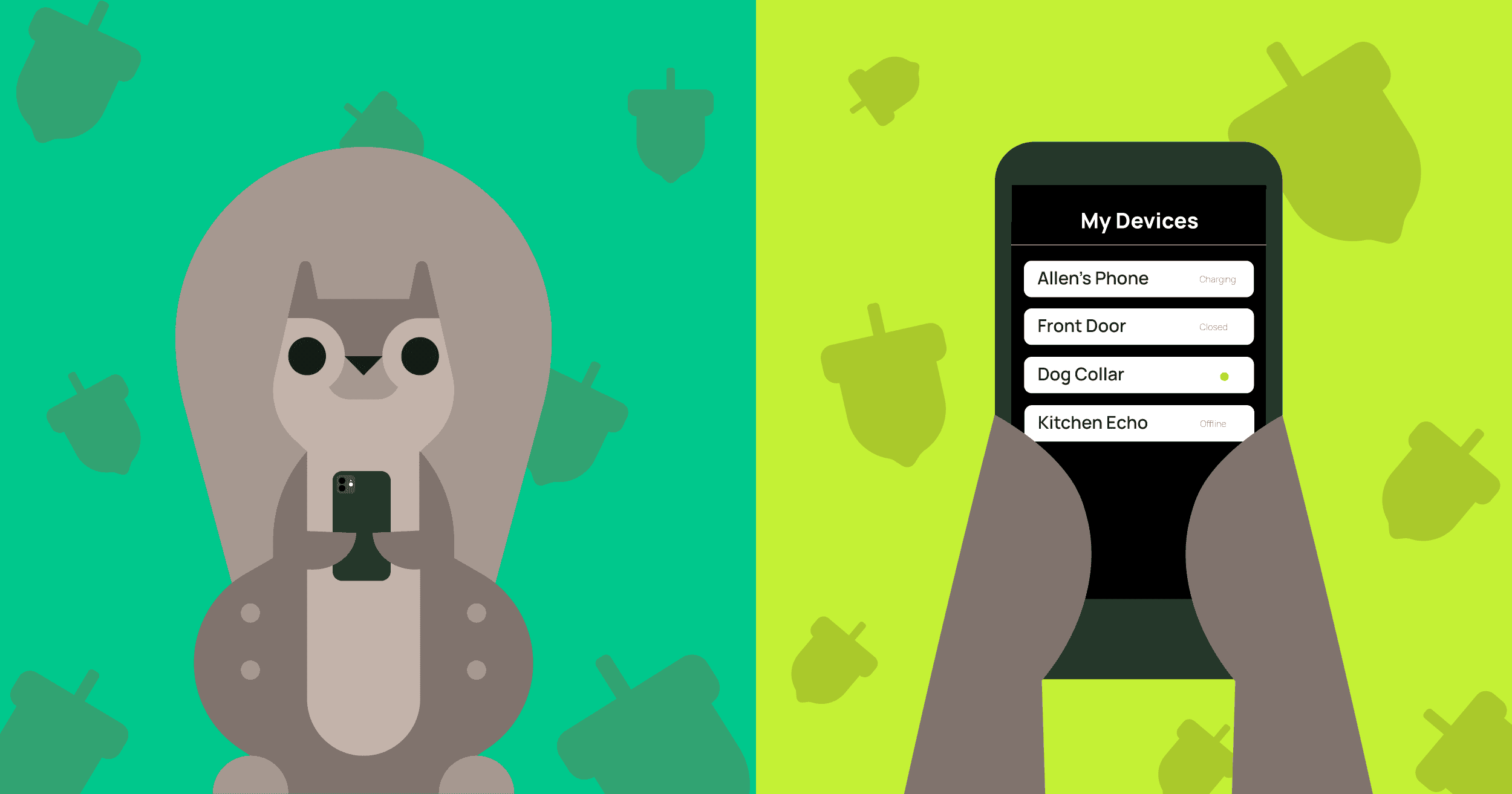 A cartoon squirrel using a phone with a My Devices list