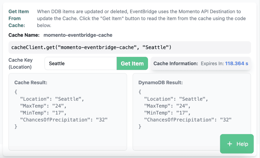 Weather app displays matching Seattle records from Momento Cache and DynamoDB alongside cache expiration.