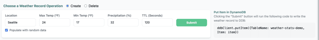 Weather form submits a Seattle record with temperature, precipitation, and TTL fields.