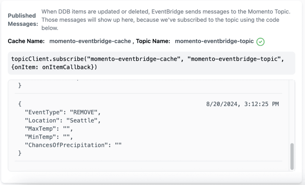 Published REMOVE notification identifies the deleted Seattle weather record.