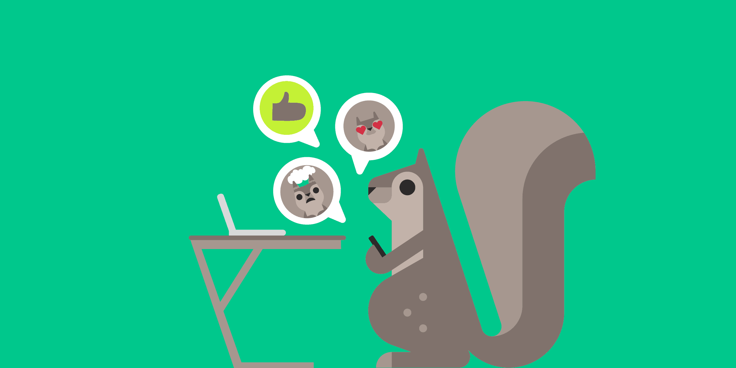 A cartoon squirrel at a laptop with reaction bubbles above it