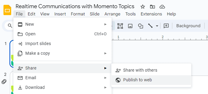Google Slides File menu with Share and Publish to web selected.