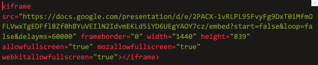 Google Slides iframe embed code with the presentation URL in its src attribute.