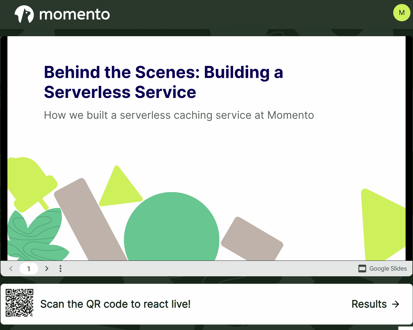 Live-reaction app displaying a serverless presentation with a QR code for audience reactions.
