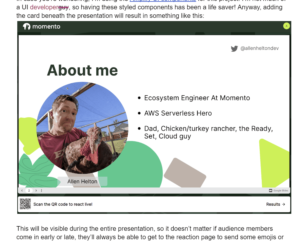 Presentation slide with a persistent QR code and reaction link beneath it.