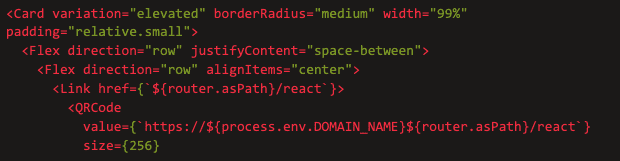 React code placing a linked QR code for the reaction page inside a card.