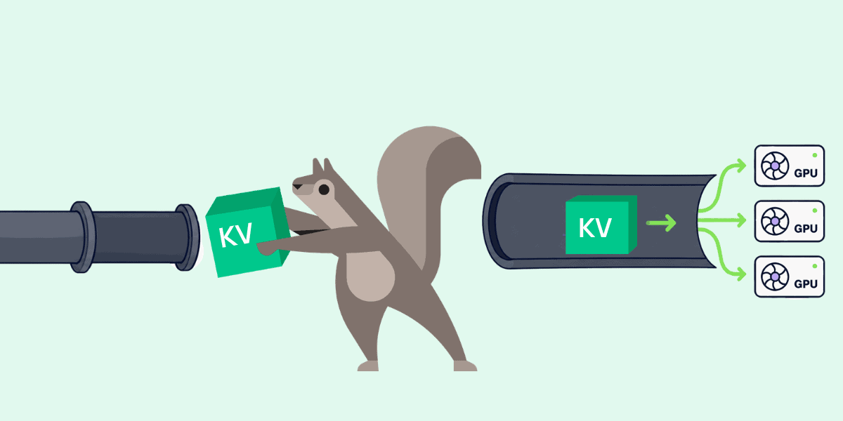 A squirrel passing a KV block through a pipe that feeds three GPUs