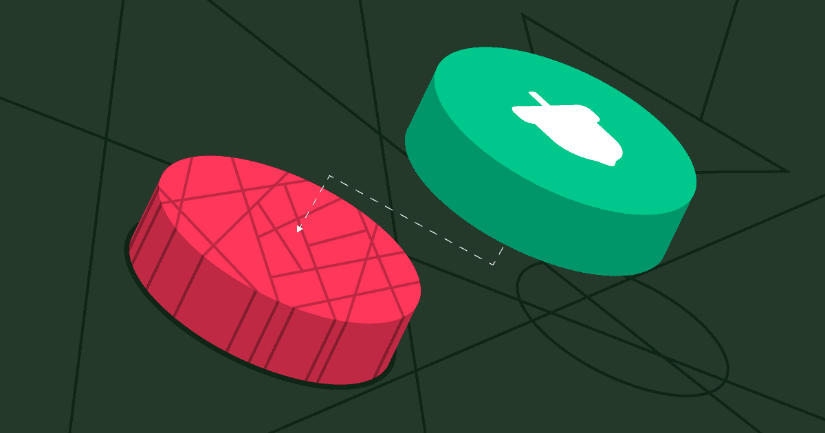 A green Momento token beside a red token crossed by tangled lines