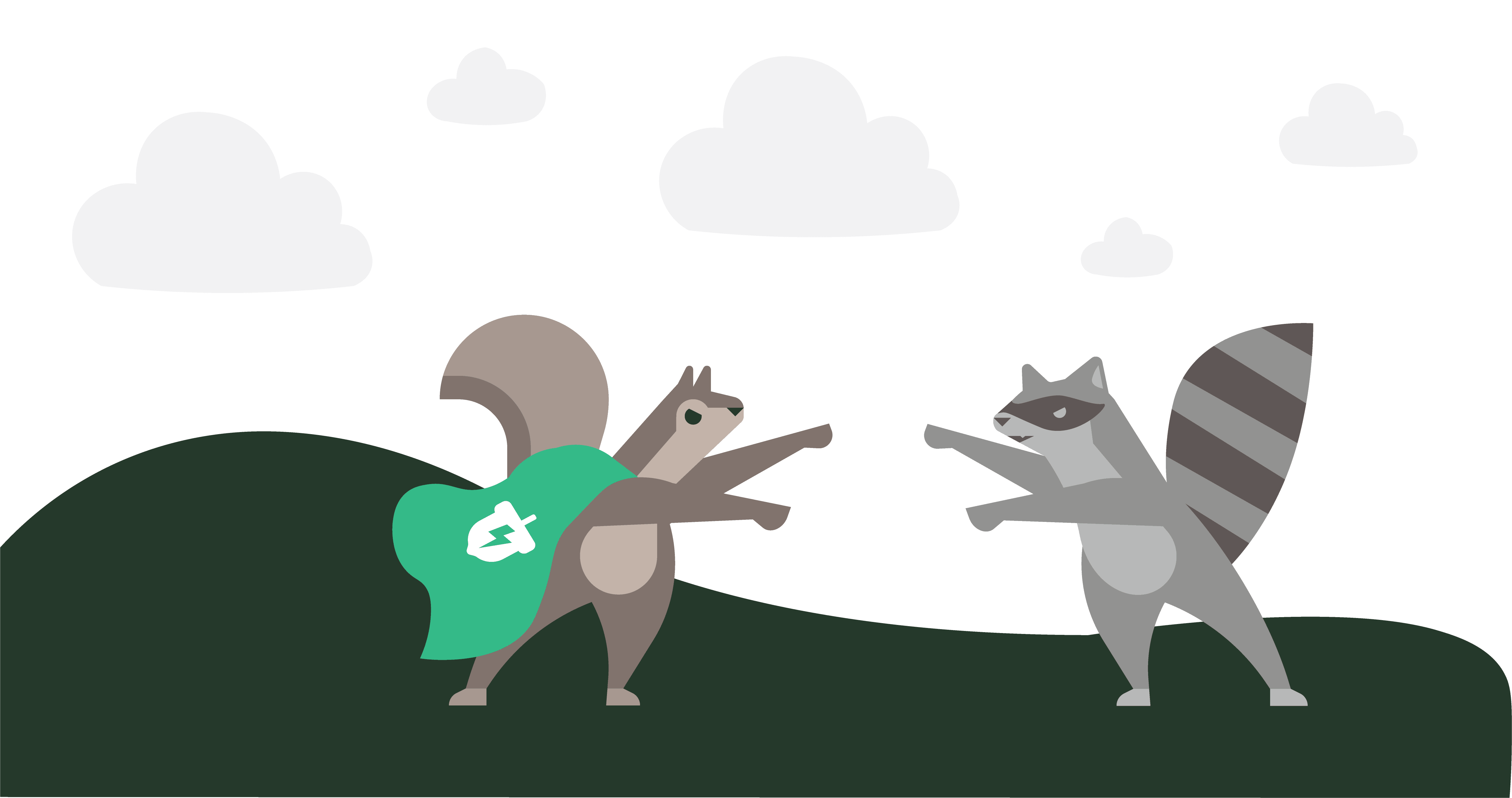 A cartoon squirrel carrying a money bag faces a raccoon