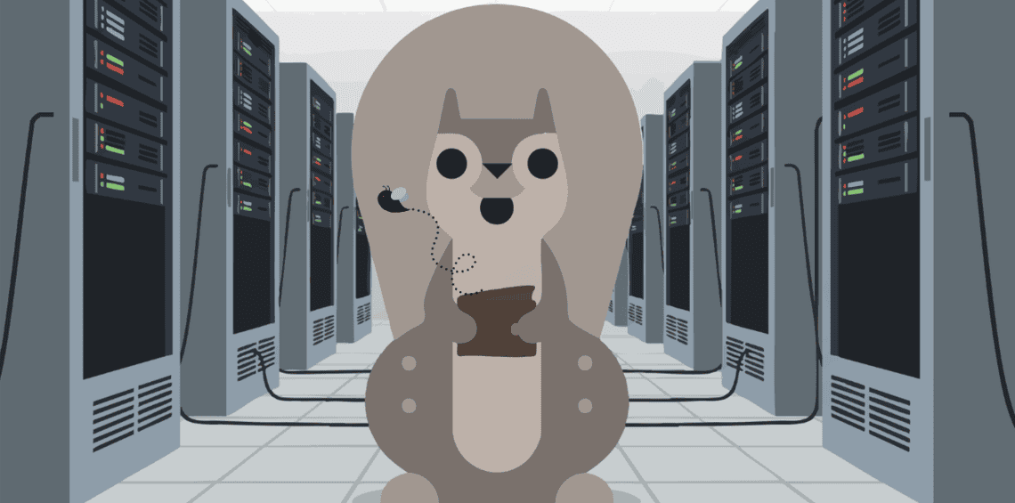 A squirrel holding a telephone handset in a server room