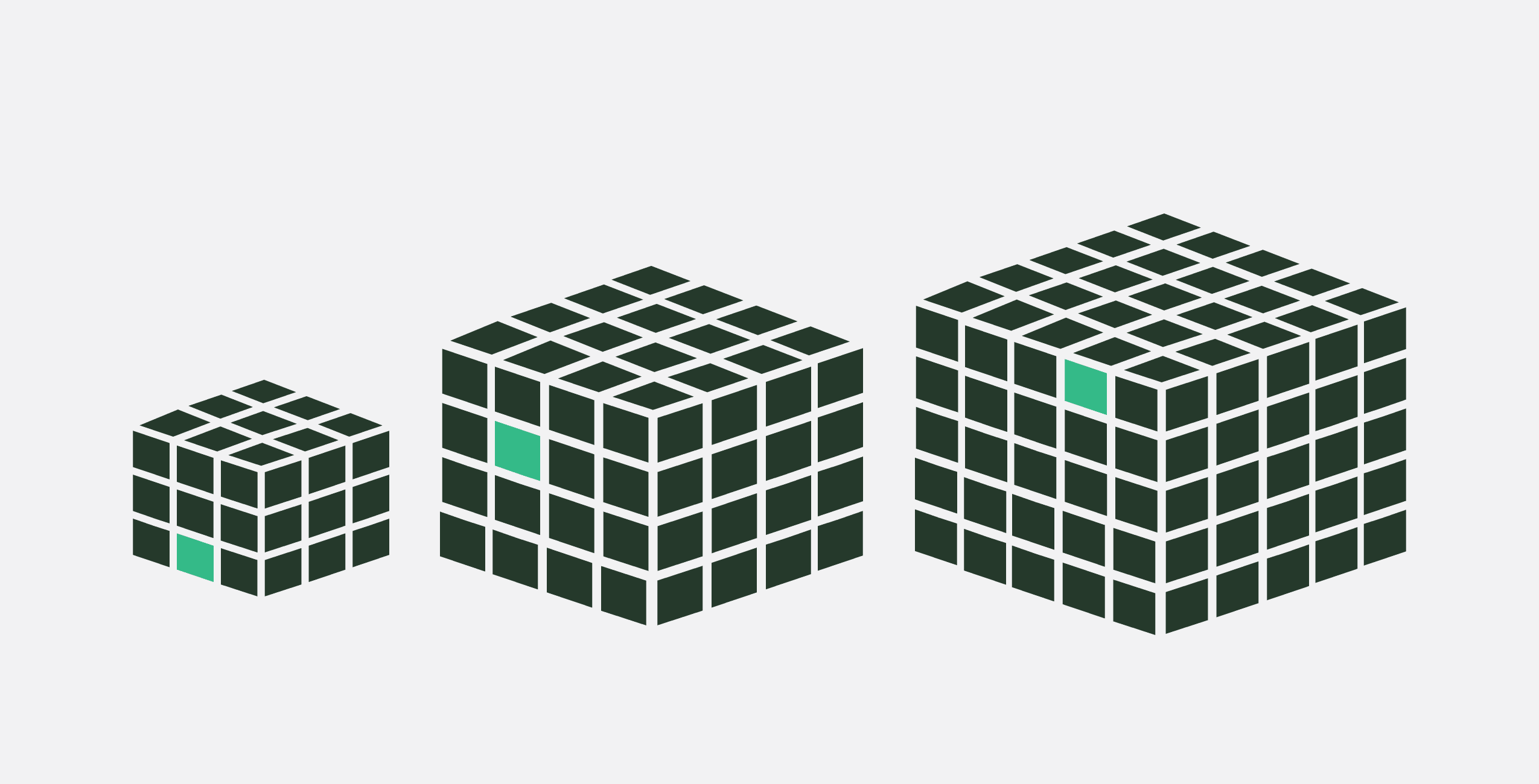 Three grid-patterned cubes increasing in size
