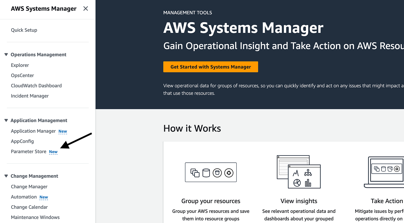 Parameter Store を矢印で示した AWS Systems Manager のナビゲーション。