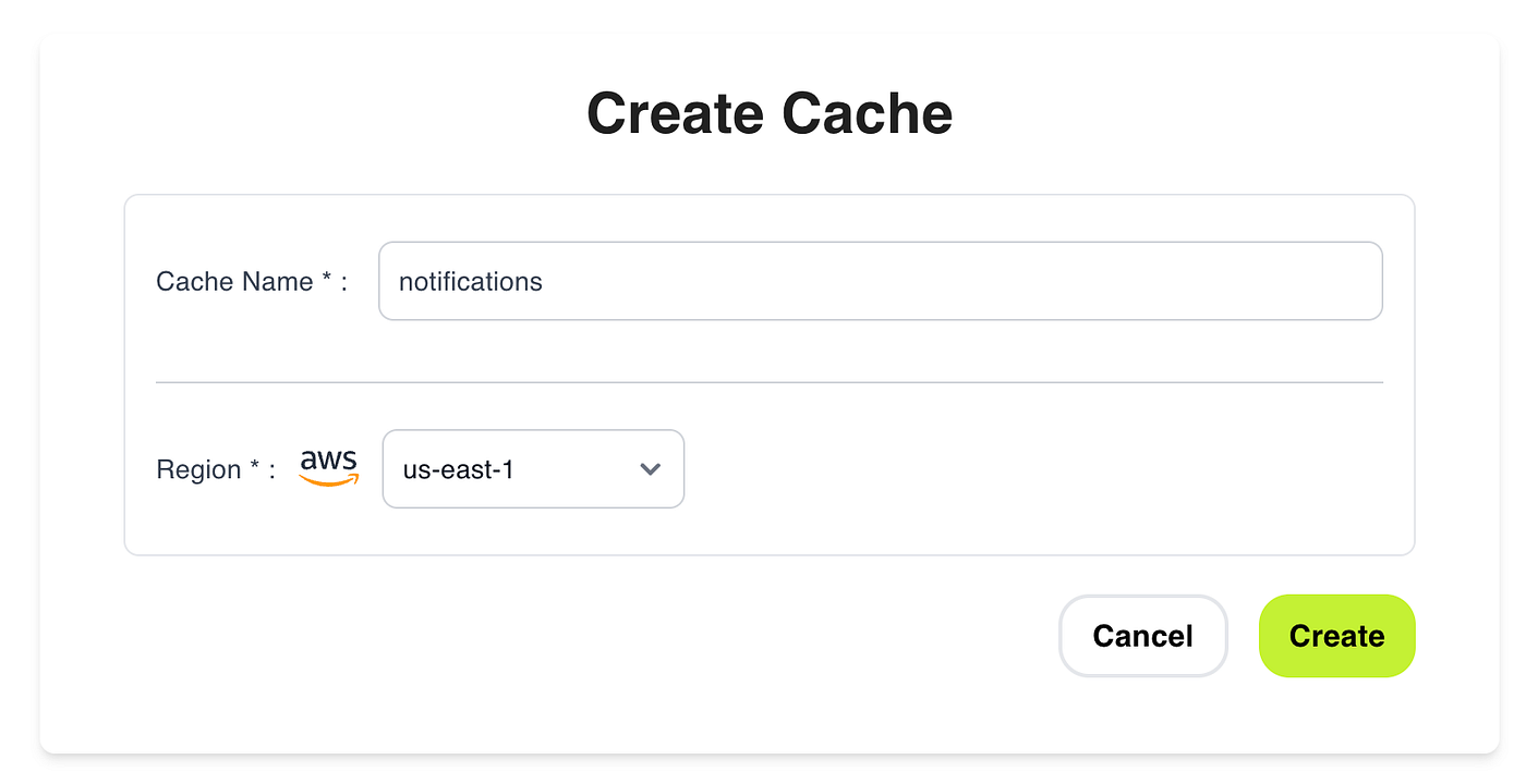 キャッシュ名 notifications と AWS リージョン us-east-1 を指定した作成ダイアログ。