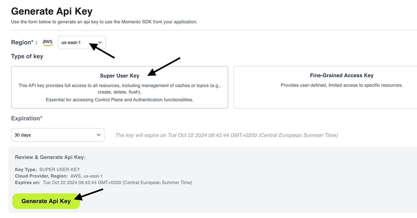 AWS us-east-1 の Super User Key を選択する Momento API キー作成フォーム。