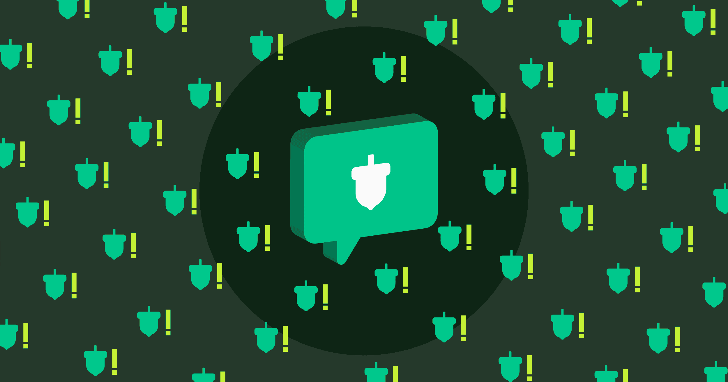 A Momento chat symbol surrounded by small acorns and exclamation marks