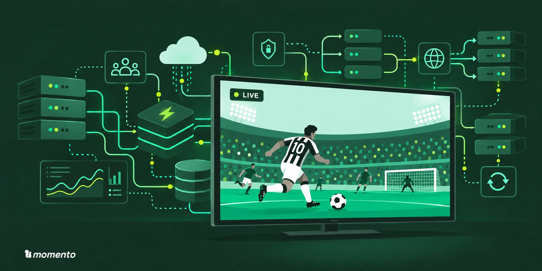 サーバーやネットワークのアイコンにつながるサッカーのライブ映像画面