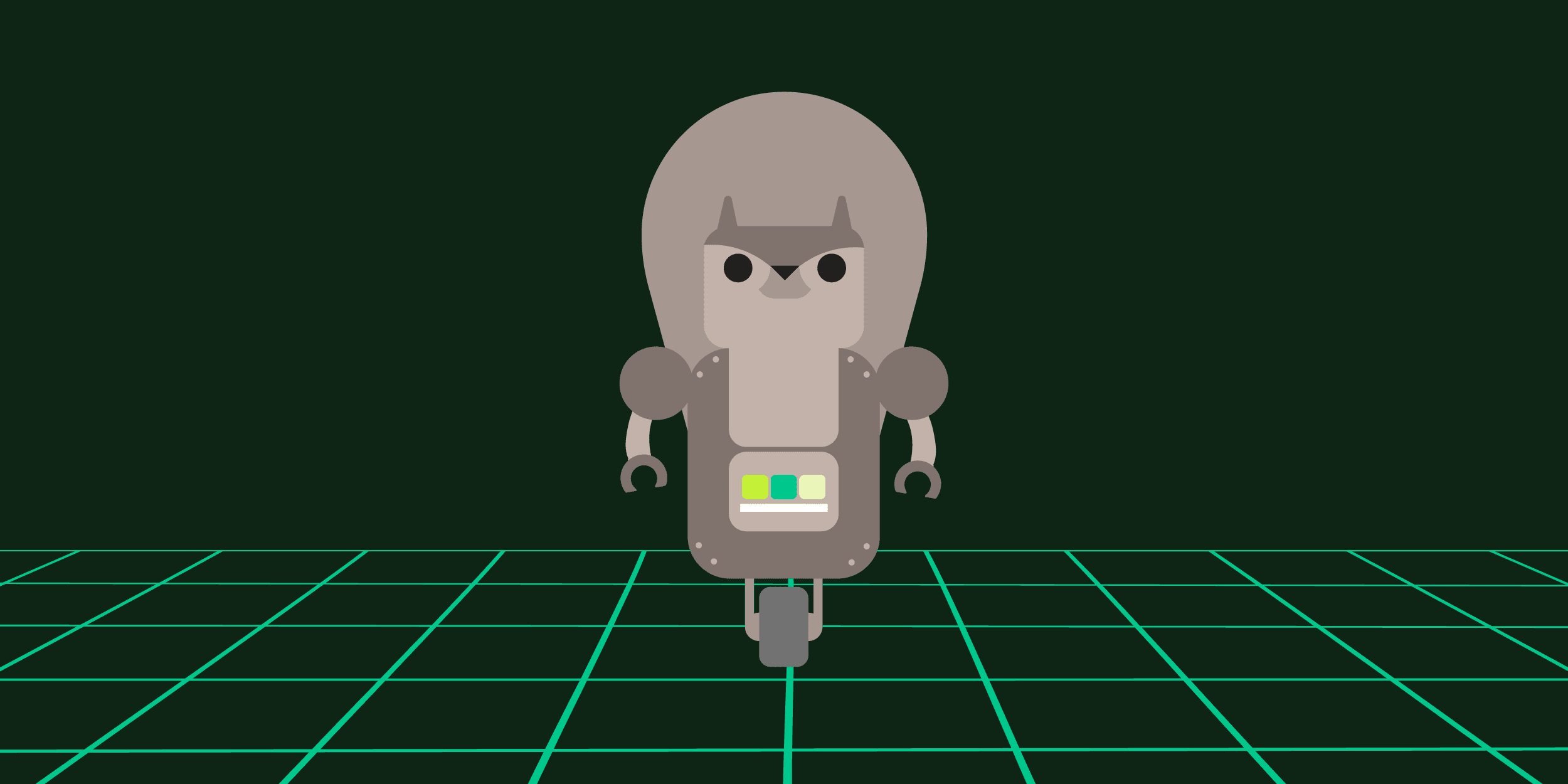 A robot squirrel on a glowing green grid