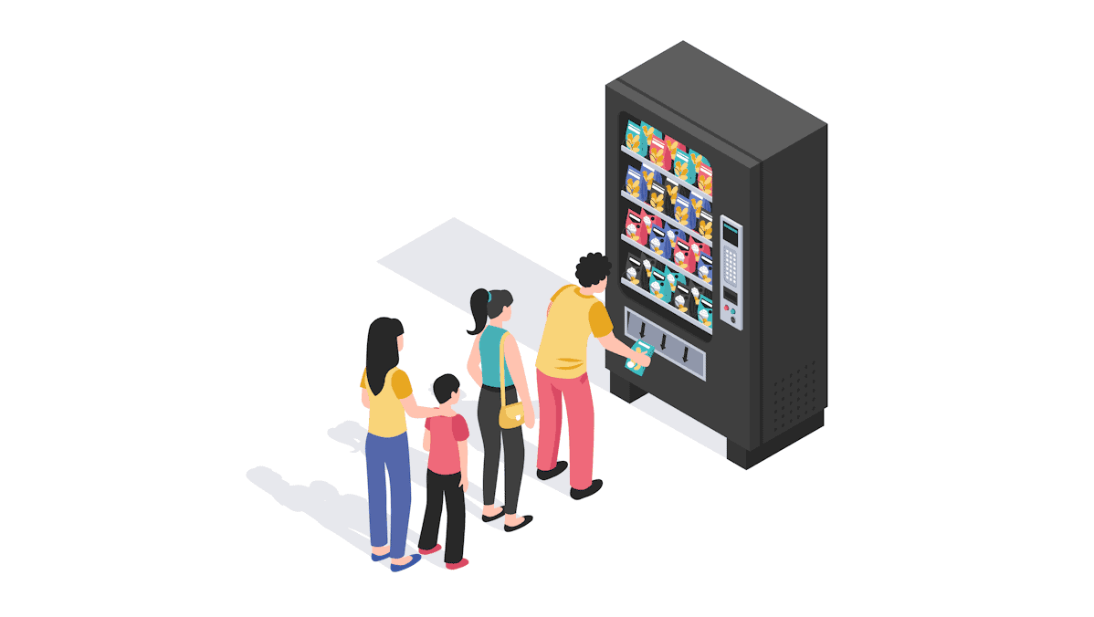 People waiting in line at a vending machine