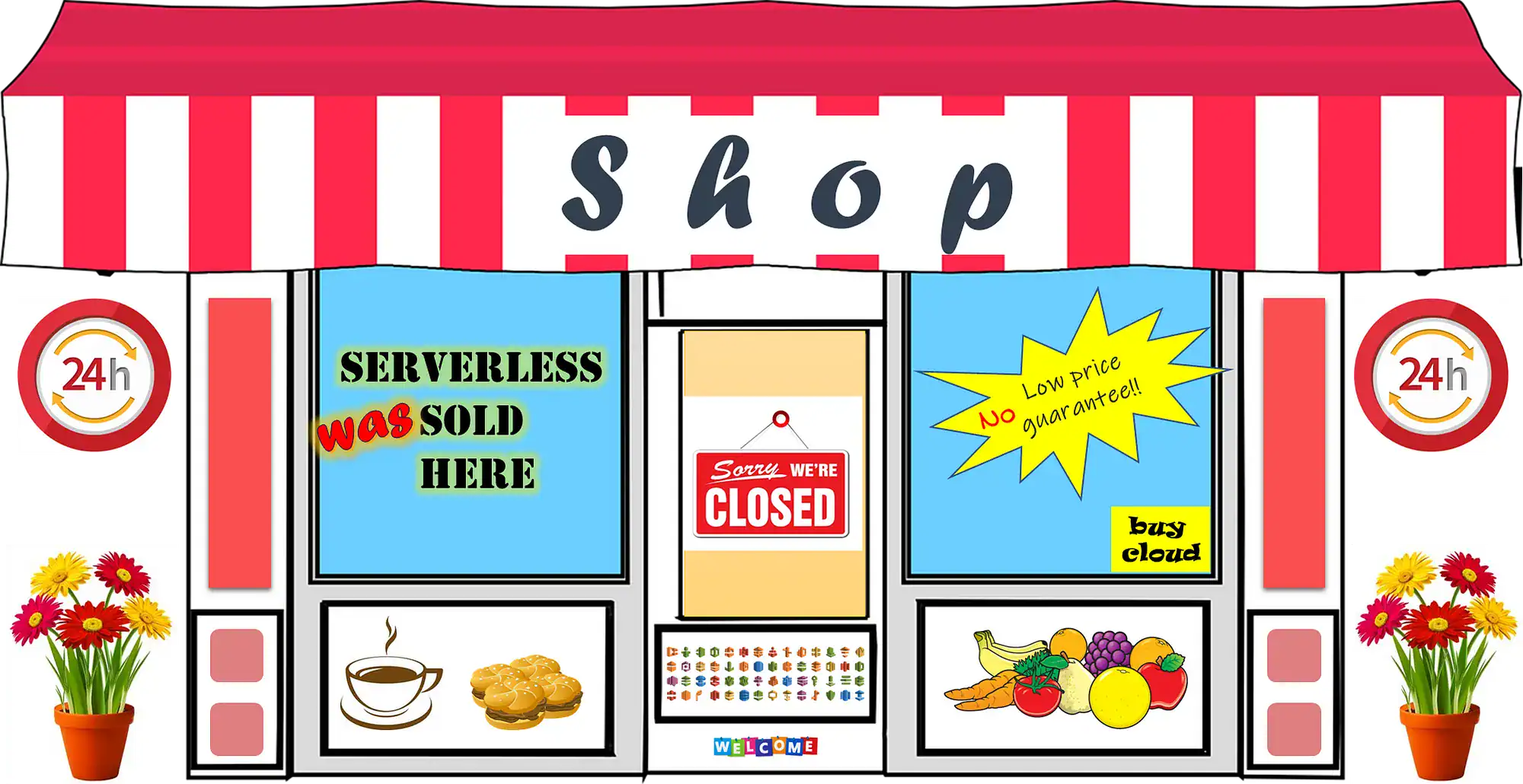 「Serverless was sold here」と「Closed」の看板を掲げた店のイラスト