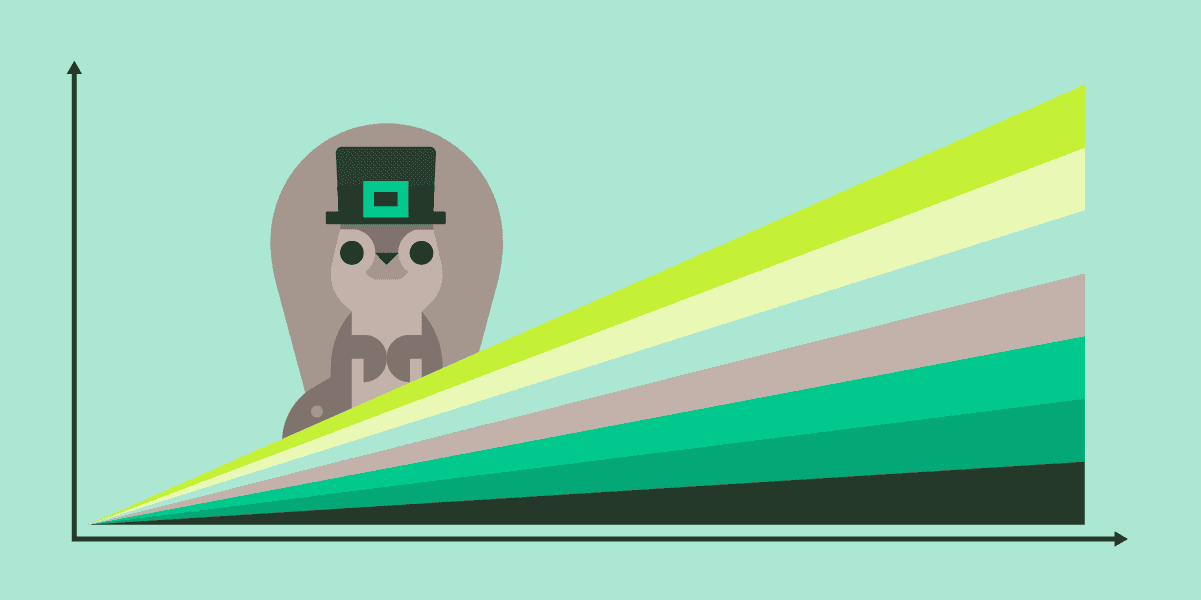 A squirrel in a top hat behind a fan of rising colored chart lines