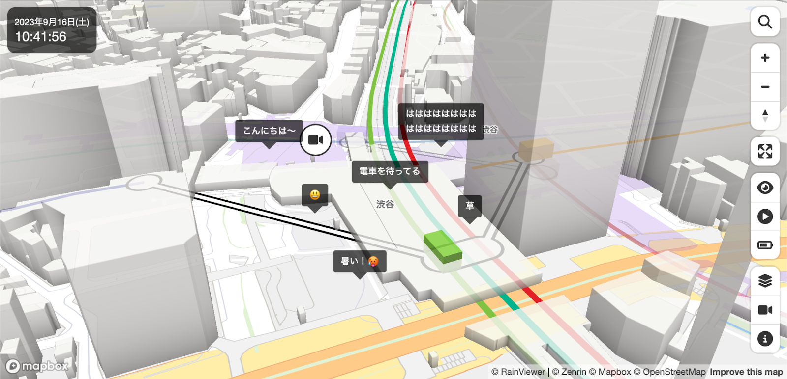 Mini Tokyo 3D の地図上の位置に表示されたチャットメッセージ。