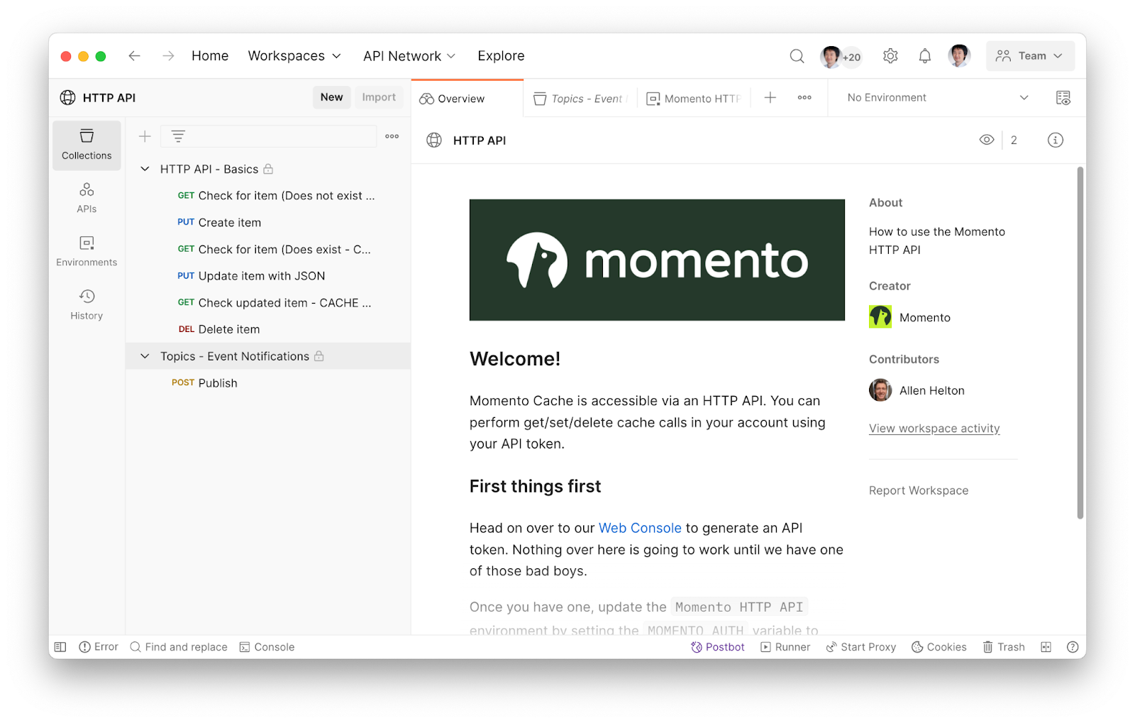 キャッシュ操作と Topics の Publish リクエストが並ぶ、Postman の Momento HTTP API コレクション。