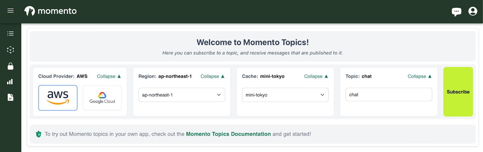 AWS ap-northeast-1 の mini-tokyo キャッシュと chat トピックを指定した Momento Topics コンソール。