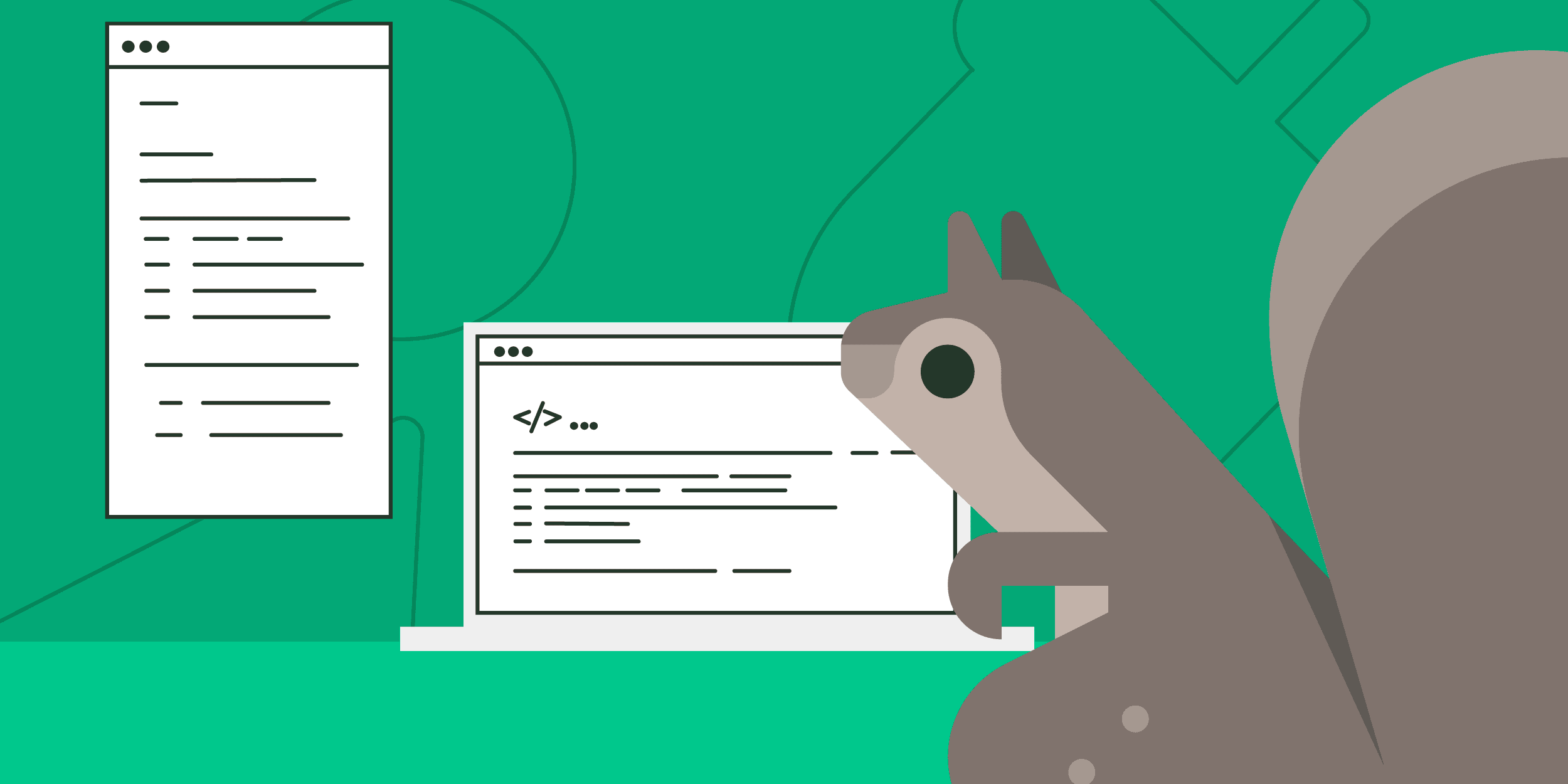 A cartoon squirrel beside browser windows displaying code