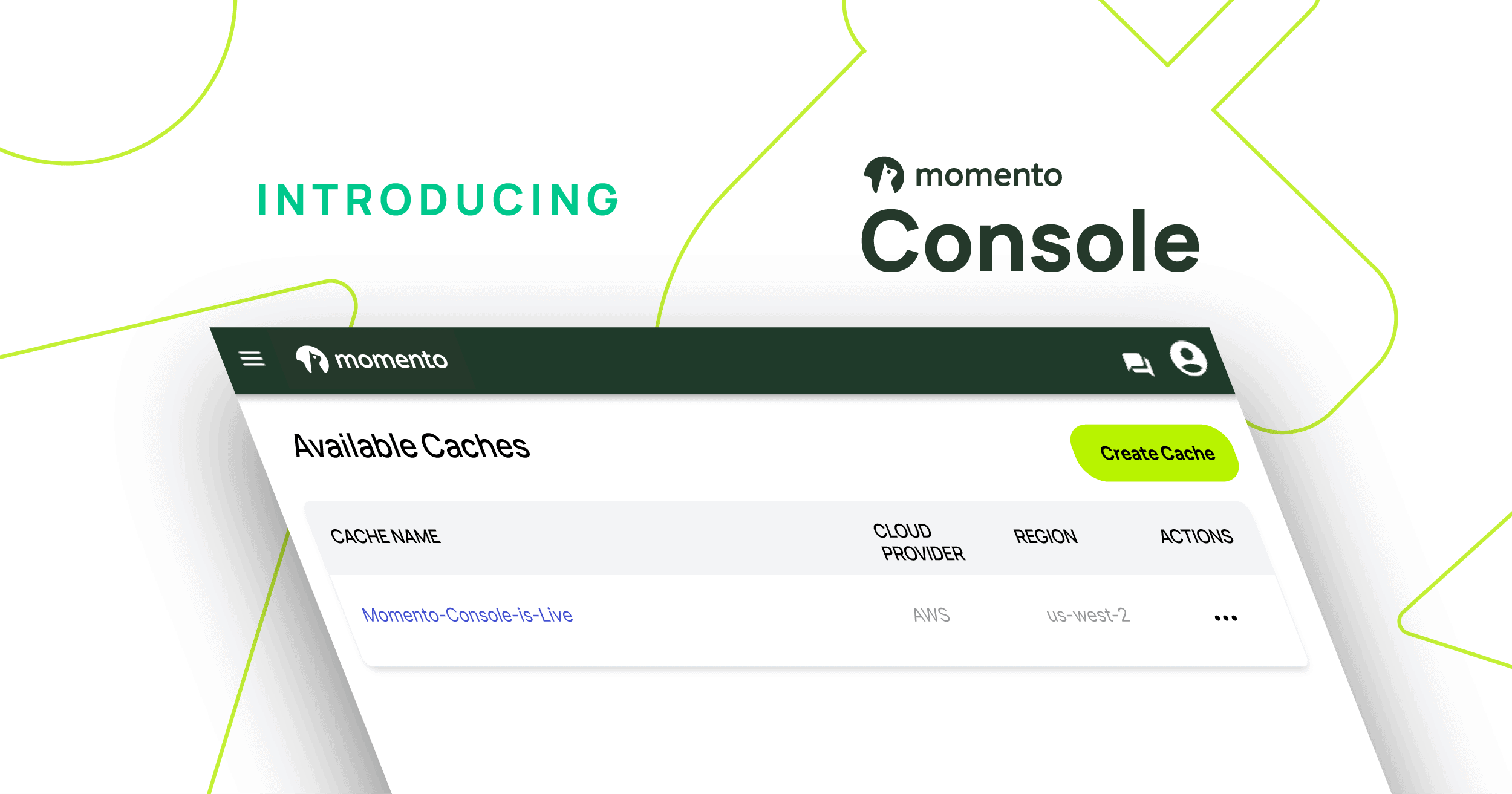 キャッシュ一覧画面を表示した Momento Console の紹介画像