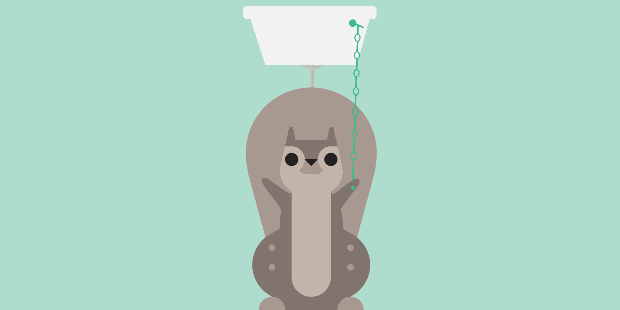 A cartoon squirrel beneath a pull-chain light fixture