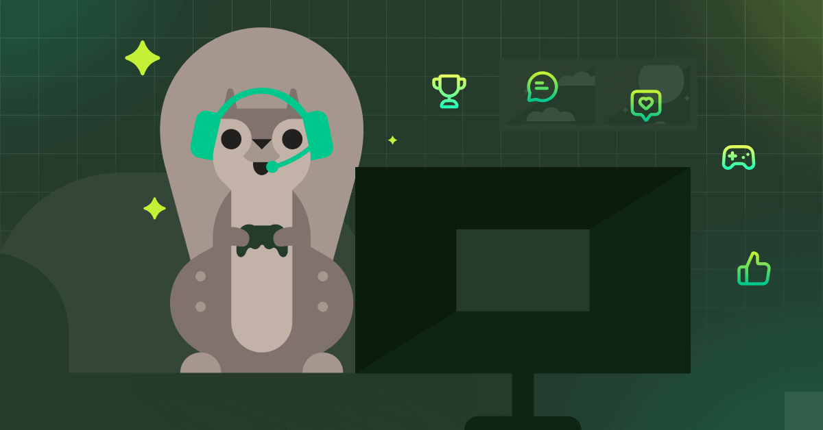 A squirrel wearing a gaming headset beside a monitor and game icons