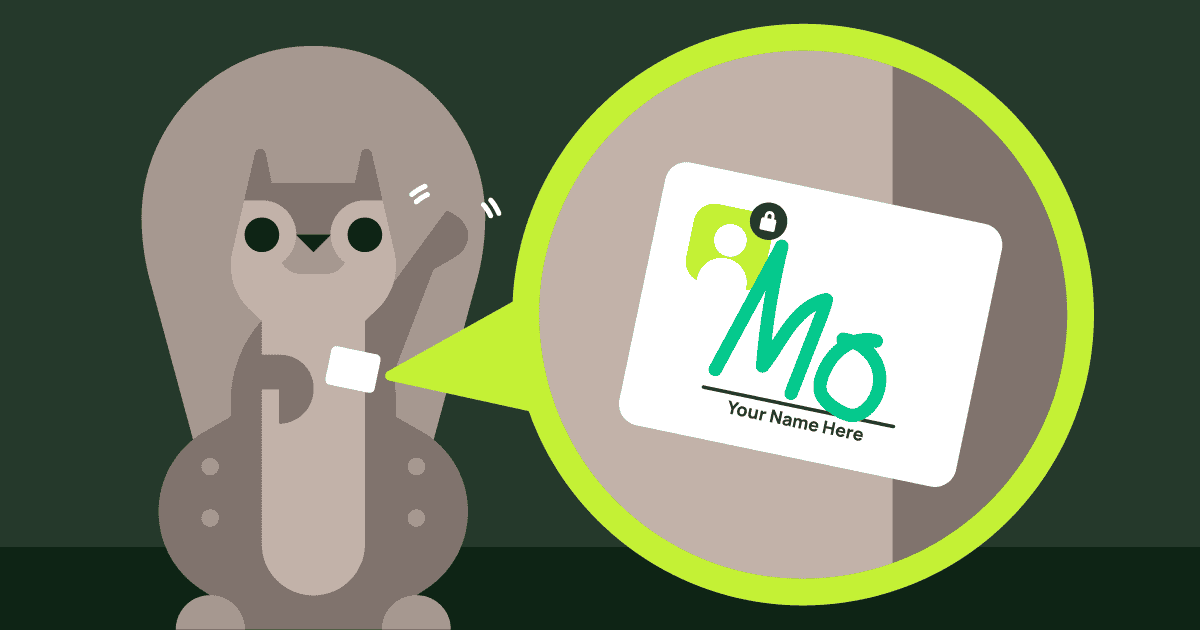 A cartoon squirrel wearing a Mo name badge, shown enlarged in a callout