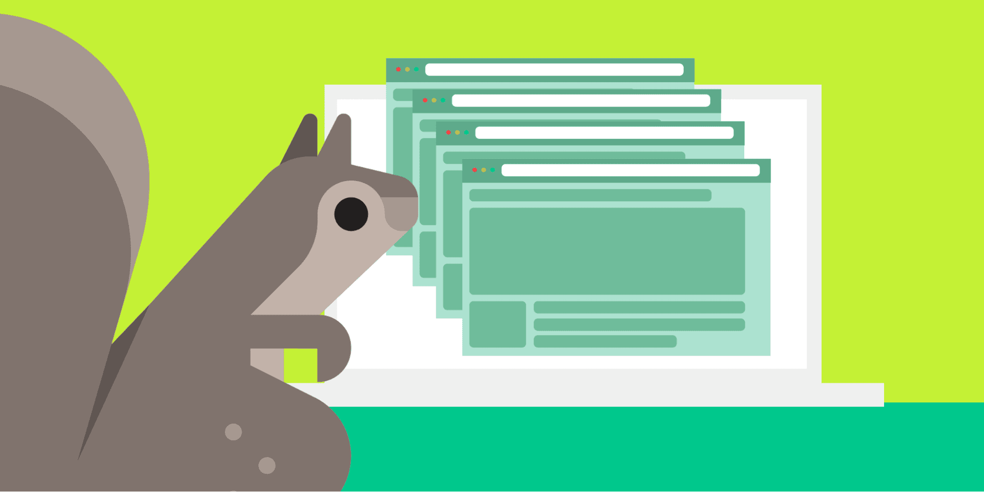 A cartoon squirrel facing a laptop full of overlapping windows