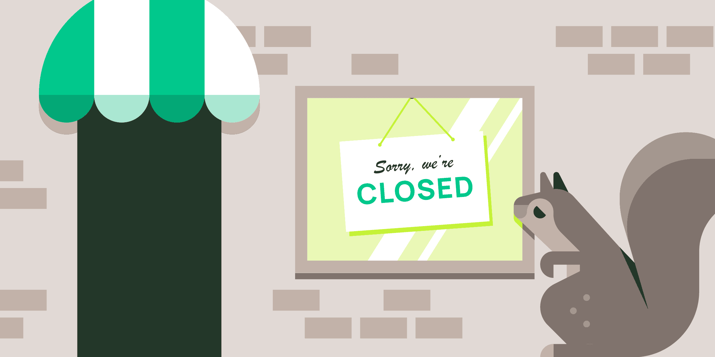 A cartoon squirrel outside a shop displaying a Closed sign