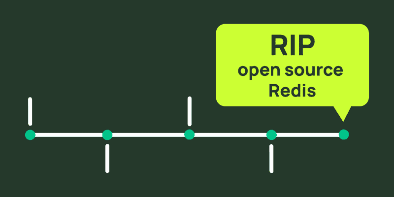 A timeline ending with a speech bubble reading RIP open source Redis