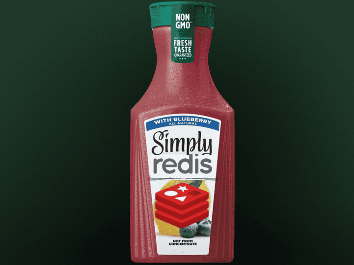 a bottle of simply orange juice saying simply Redis