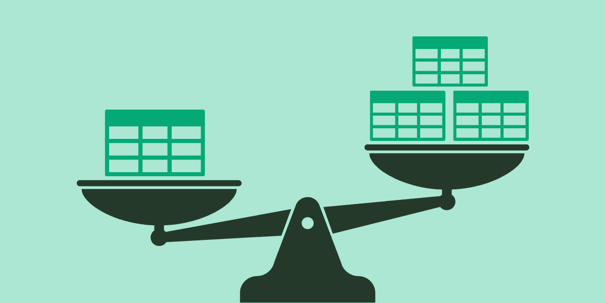 A balance scale weighing stacks of green grid blocks