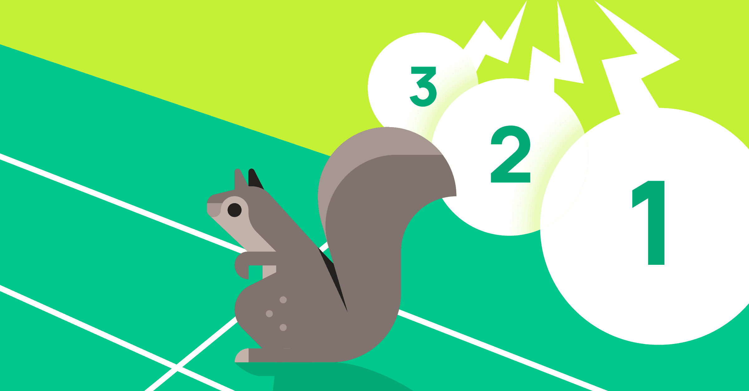 A squirrel at a starting line beneath a three-two-one countdown