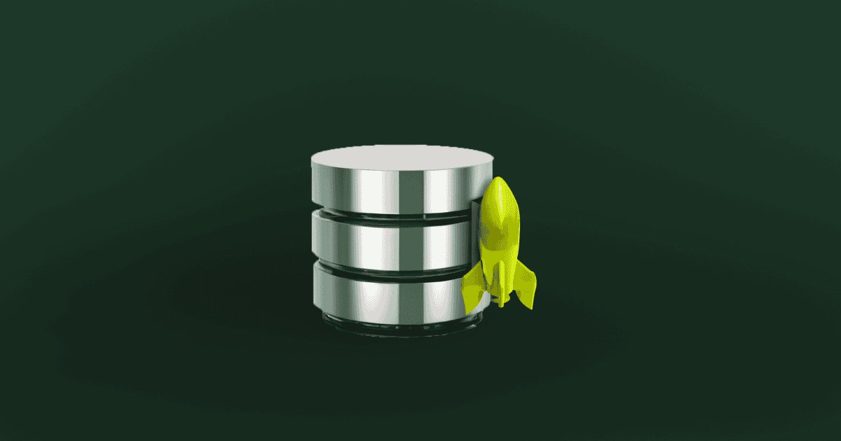 A silver database cylinder beside a bright green rocket