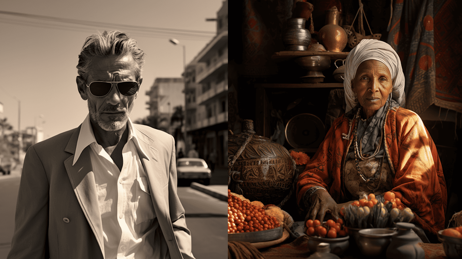 Two contrasting Casablanca portraits: a man in sunglasses outdoors and a woman seated in a bazaar.