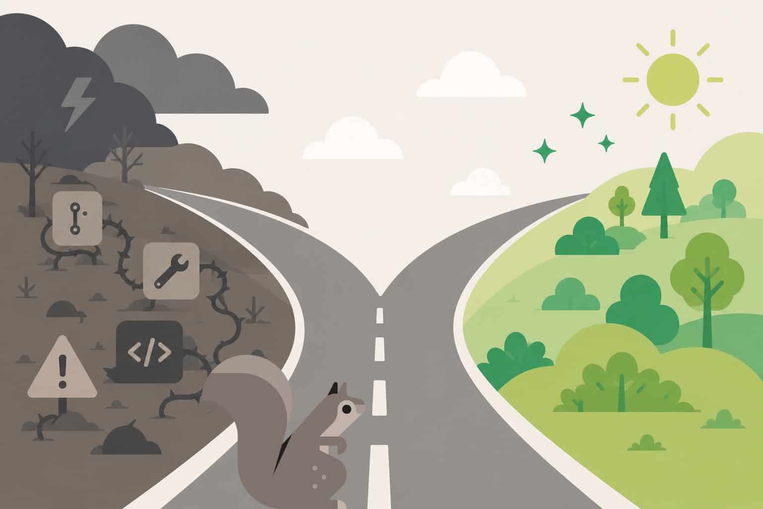 A squirrel at a fork between a dark hazardous road and a sunny green road