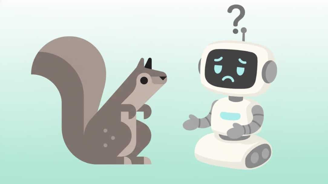 A squirrel facing a confused robot with a question mark above its head