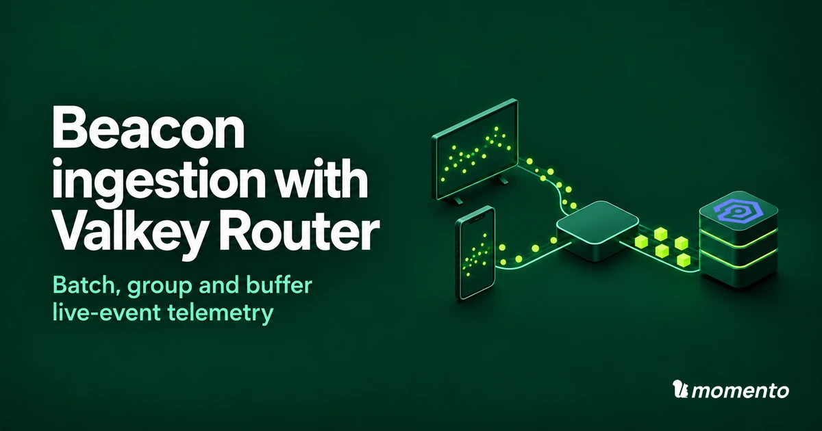 Beacon ingestion with Valkey Router: media devices send telemetry through a gateway into a shared buffer with a Valkey icon on its top surface and Momento branding.